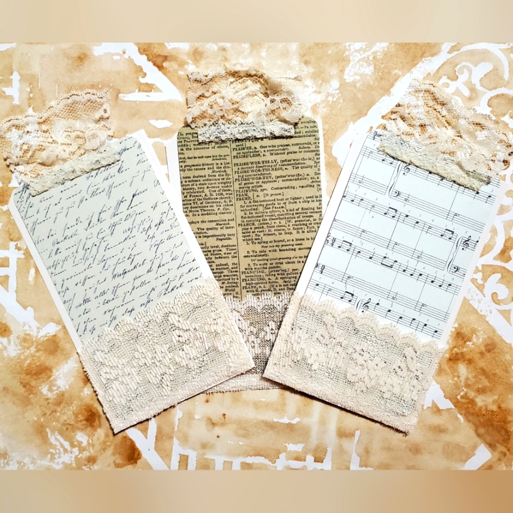 😀 HAND CRAFTED set of 3 flash card pockets with tag bookmarks vintage